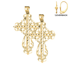 Sterling Silver 46mm Floral Cross Earrings (White or Yellow Gold Plated)