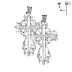 Pendientes de cruz floral de plata de ley de 32 mm (chapados en oro blanco o amarillo)