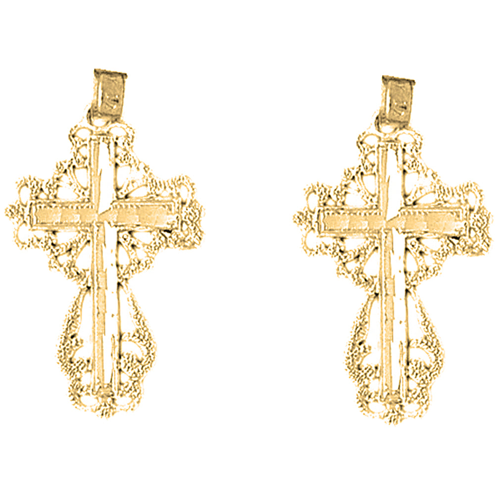 Yellow Gold-plated Silver 32mm Floral Cross Earrings