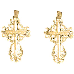 Yellow Gold-plated Silver 32mm Floral Cross Earrings