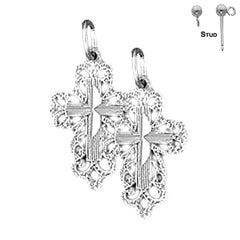 Pendientes de cruz floral de plata de ley de 23 mm (chapados en oro blanco o amarillo)