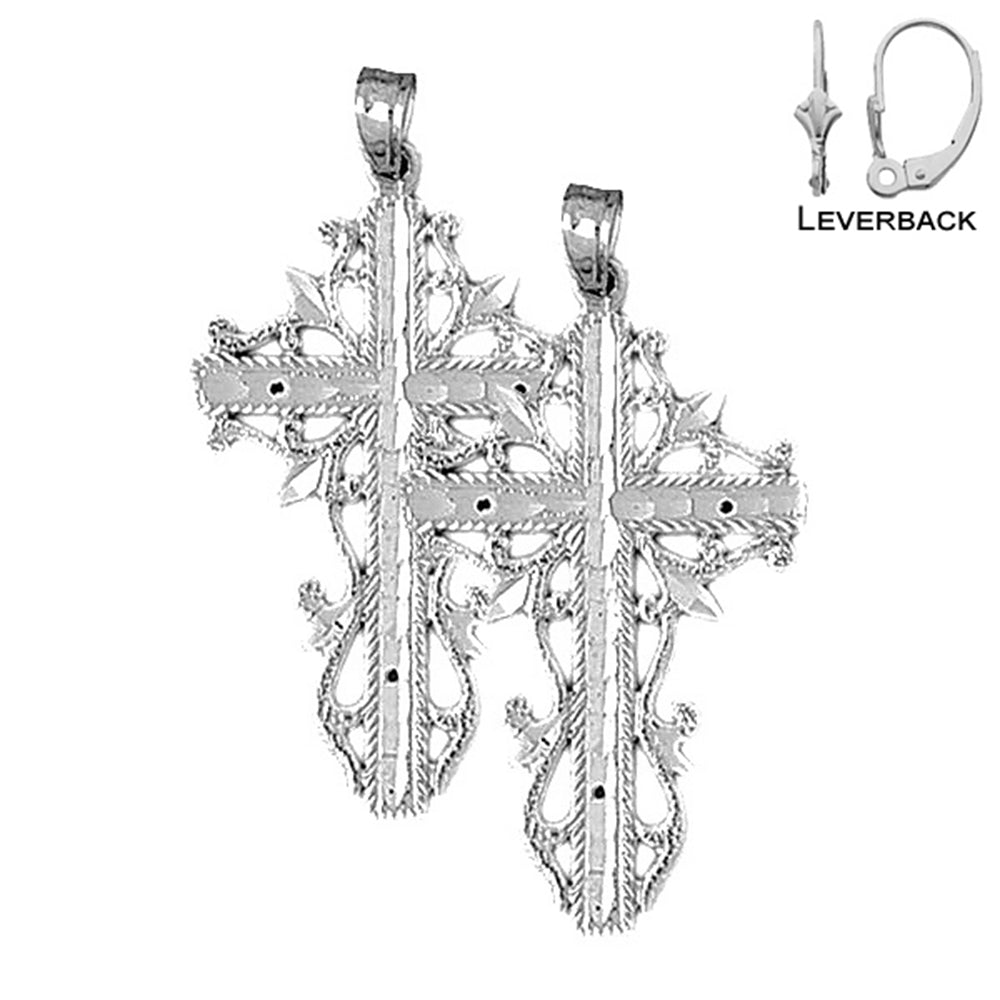 Sterling Silver 42mm Vine Cross Earrings (White or Yellow Gold Plated)