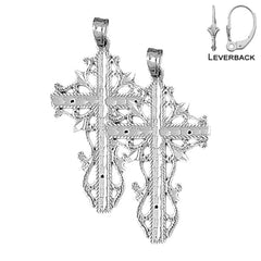 Sterling Silver 42mm Vine Cross Earrings (White or Yellow Gold Plated)