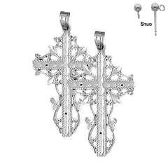 Sterling Silver 42mm Vine Cross Earrings (White or Yellow Gold Plated)