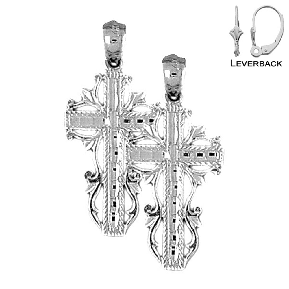 Sterling Silver 32mm Vine Cross Earrings (White or Yellow Gold Plated)