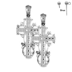 Sterling Silver 32mm Vine Cross Earrings (White or Yellow Gold Plated)