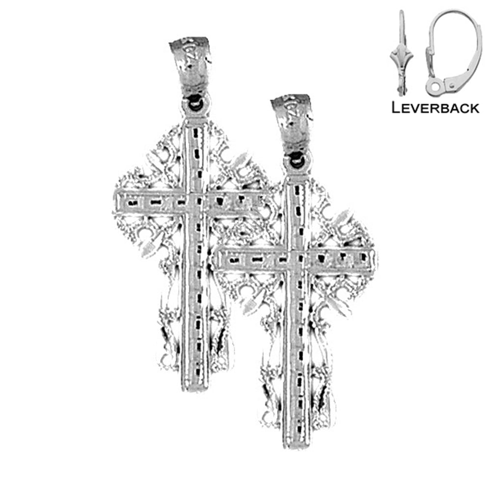 Sterling Silver 33mm Vine Cross Earrings (White or Yellow Gold Plated)