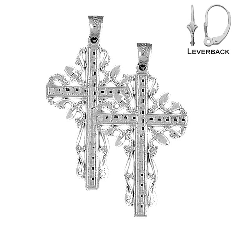 Sterling Silver 43mm Vine Cross Earrings (White or Yellow Gold Plated)