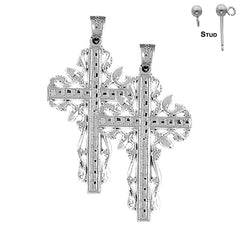 Sterling Silver 43mm Vine Cross Earrings (White or Yellow Gold Plated)