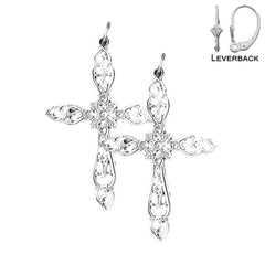 Sterling Silver 39mm Floral Cross Earrings (White or Yellow Gold Plated)