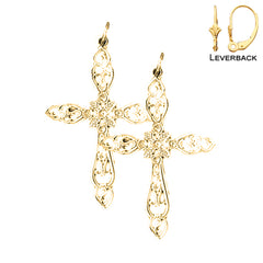 Sterling Silver 39mm Floral Cross Earrings (White or Yellow Gold Plated)