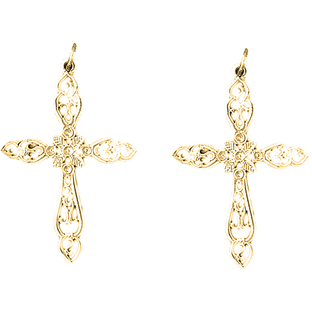 Yellow Gold-plated Silver 39mm Floral Cross Earrings