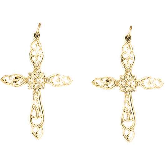 Yellow Gold-plated Silver 39mm Floral Cross Earrings
