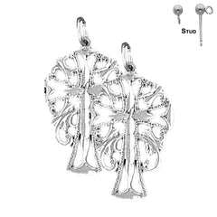 Sterling Silver 26mm Fleur de Lis Cross Earrings (White or Yellow Gold Plated)