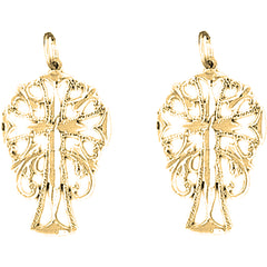 Yellow Gold-plated Silver 26mm Fleur de Lis Cross Earrings