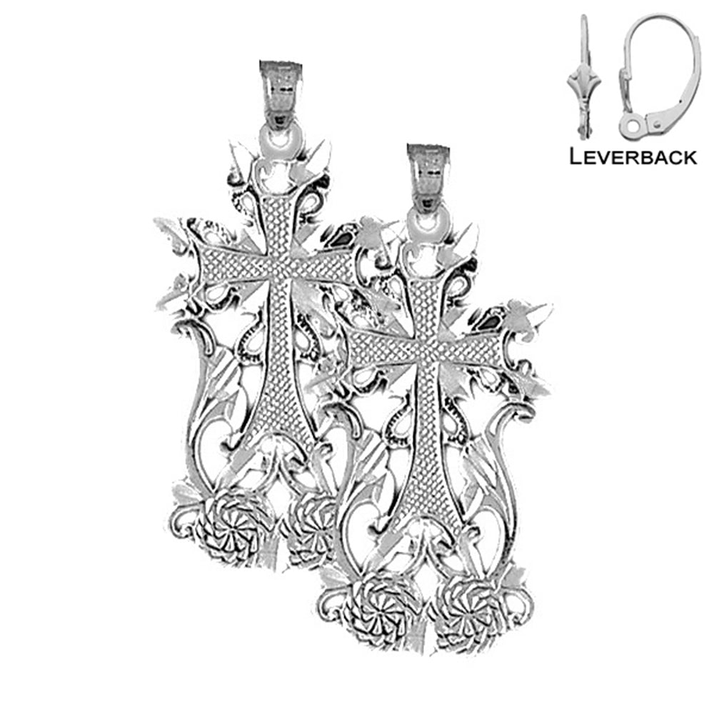 Sterling Silver 37mm Fleur de Lis Cross Earrings (White or Yellow Gold Plated)