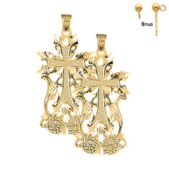 Sterling Silver 37mm Fleur de Lis Cross Earrings (White or Yellow Gold Plated)