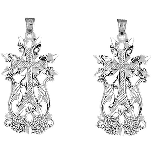 Sterling Silver 37mm Fleur de Lis Cross Earrings