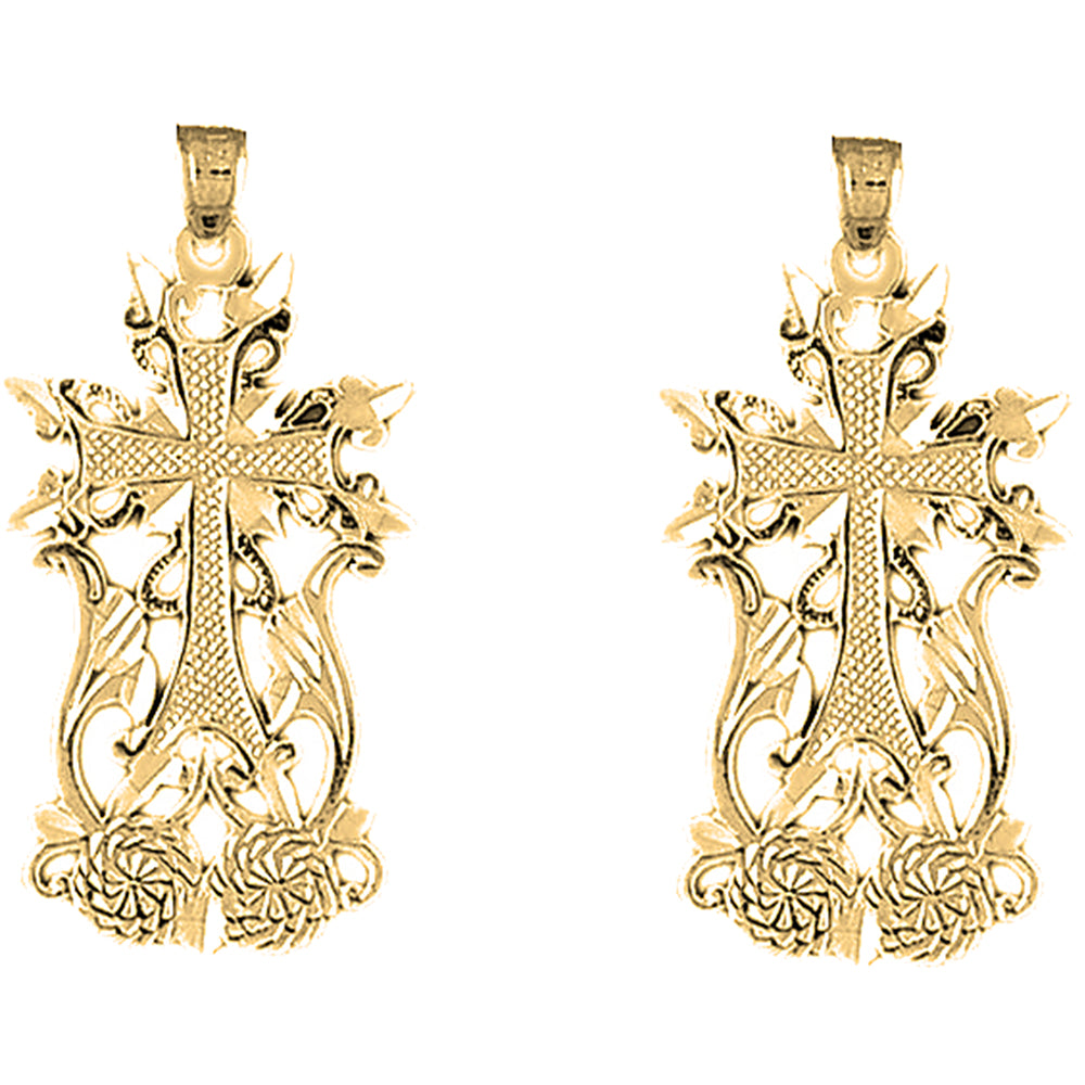 Yellow Gold-plated Silver 37mm Fleur de Lis Cross Earrings