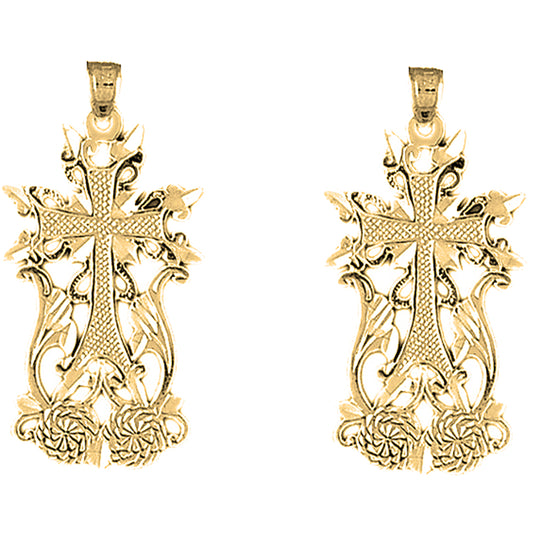 14K or 18K Gold 37mm Fleur de Lis Cross Earrings