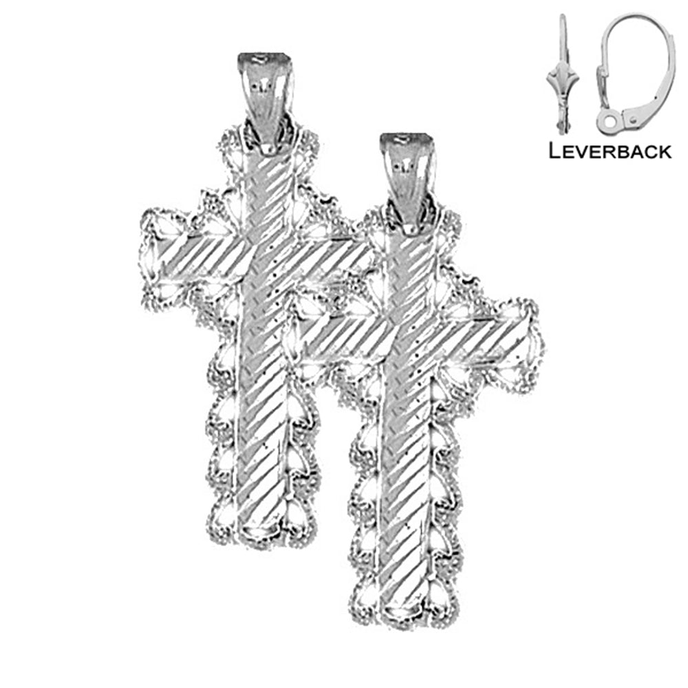 Sterling Silver 31mm Fleur de Lis Cross Earrings (White or Yellow Gold Plated)