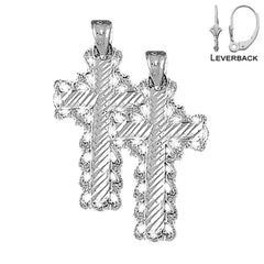 Sterling Silver 31mm Fleur de Lis Cross Earrings (White or Yellow Gold Plated)