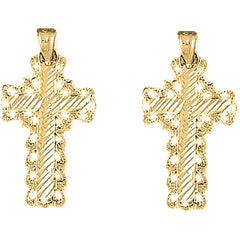 Yellow Gold-plated Silver 31mm Fleur de Lis Cross Earrings