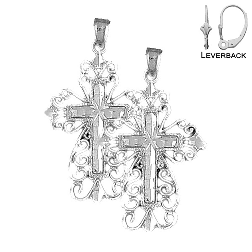 Sterling Silver 36mm Floral Cross Earrings (White or Yellow Gold Plated)