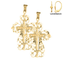 Sterling Silver 36mm Floral Cross Earrings (White or Yellow Gold Plated)