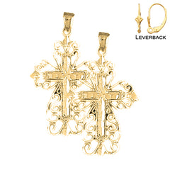 Pendientes de cruz floral de plata de ley de 36 mm (chapados en oro blanco o amarillo)