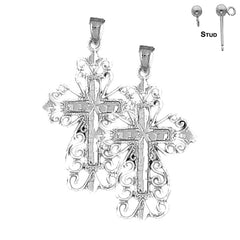 Pendientes de cruz floral de plata de ley de 36 mm (chapados en oro blanco o amarillo)