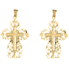 Yellow Gold-plated Silver 36mm Floral Cross Earrings