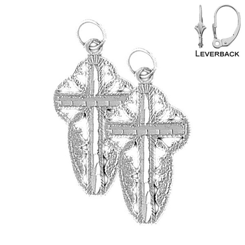 Sterling Silver 30mm Floral Cross Earrings (White or Yellow Gold Plated)