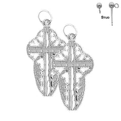 Pendientes de cruz floral de plata de ley de 30 mm (chapados en oro blanco o amarillo)