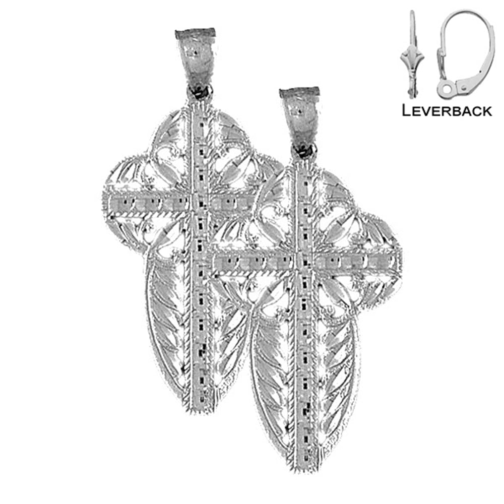 Sterling Silver 43mm Floral Cross Earrings (White or Yellow Gold Plated)