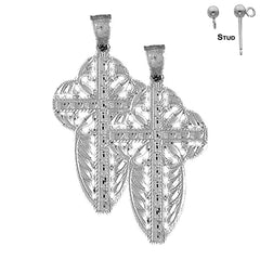 Pendientes de cruz floral de plata de ley de 43 mm (chapados en oro blanco o amarillo)