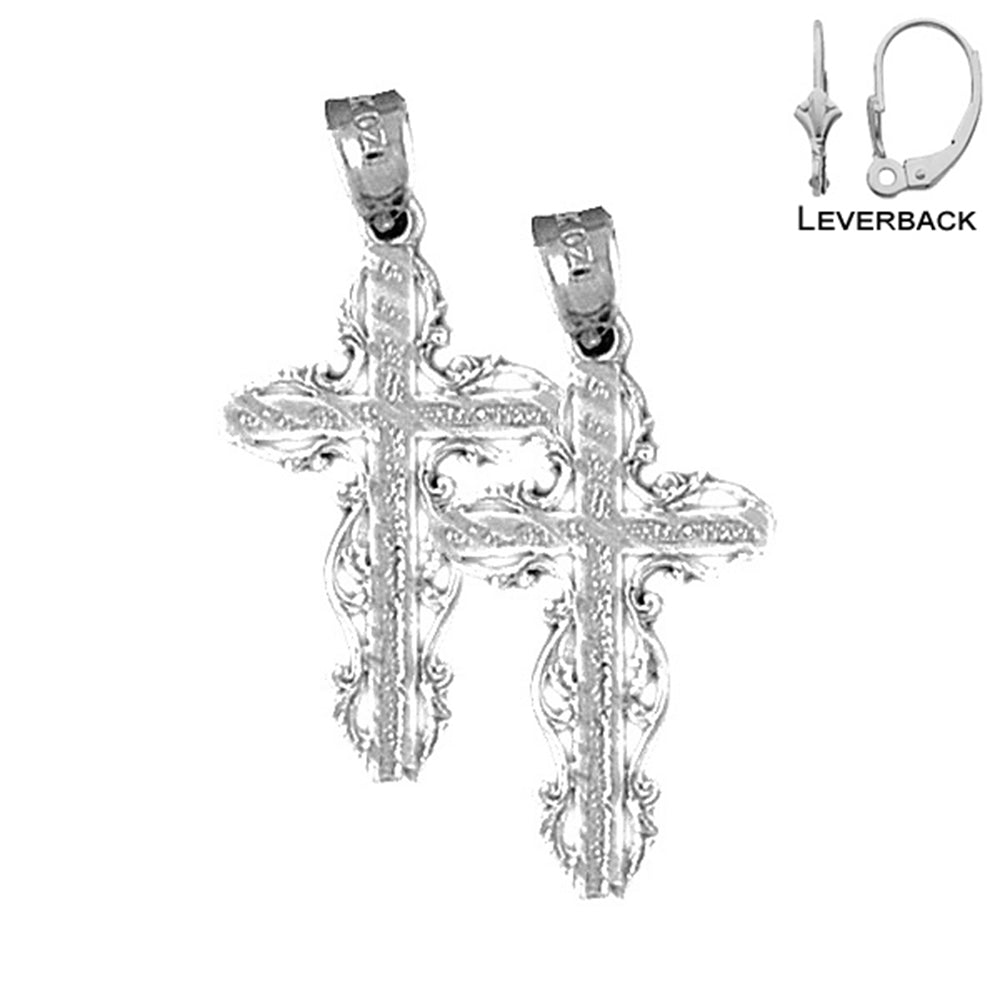 Sterling Silver 31mm Vine Cross Earrings (White or Yellow Gold Plated)