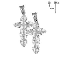 Sterling Silver 31mm Vine Cross Earrings (White or Yellow Gold Plated)