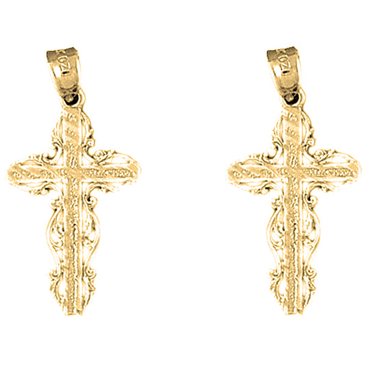 Yellow Gold-plated Silver 31mm Vine Cross Earrings