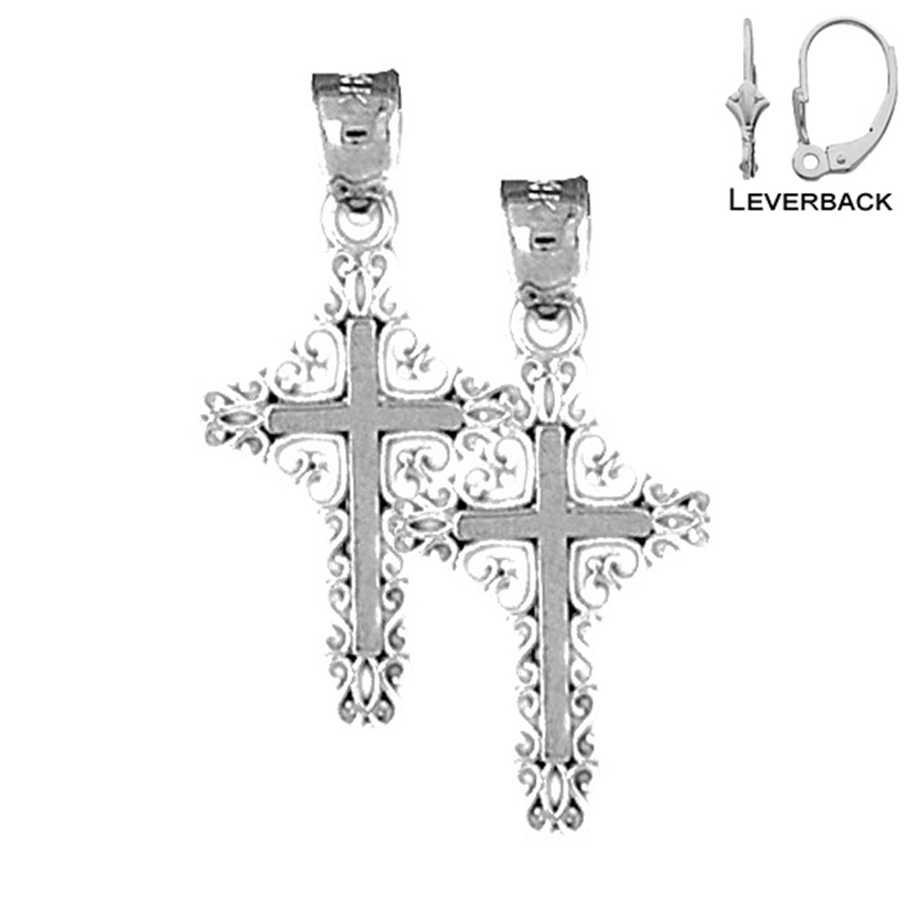 Sterling Silver 27mm Fleur de Lis Cross Earrings (White or Yellow Gold Plated)