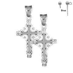 Sterling Silver 27mm Fleur de Lis Cross Earrings (White or Yellow Gold Plated)