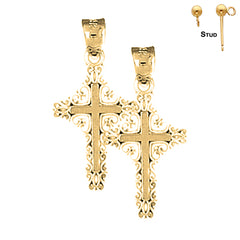 Sterling Silver 27mm Fleur de Lis Cross Earrings (White or Yellow Gold Plated)