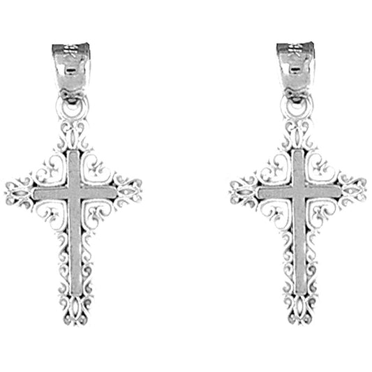 Sterling Silver 27mm Fleur de Lis Cross Earrings