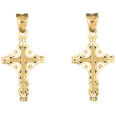 Yellow Gold-plated Silver 27mm Fleur de Lis Cross Earrings