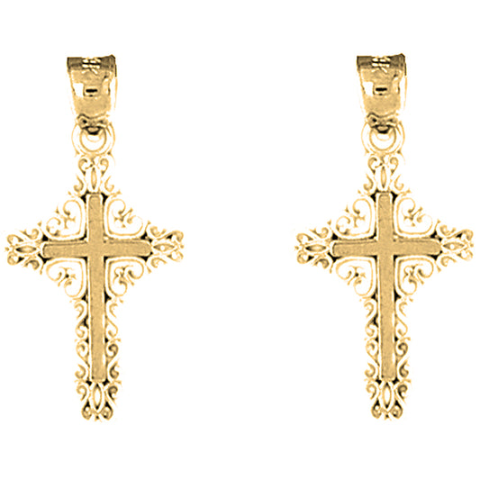 14K or 18K Gold 27mm Fleur de Lis Cross Earrings