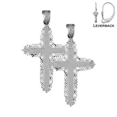 Sterling Silver 37mm Floral Cross Earrings (White or Yellow Gold Plated)
