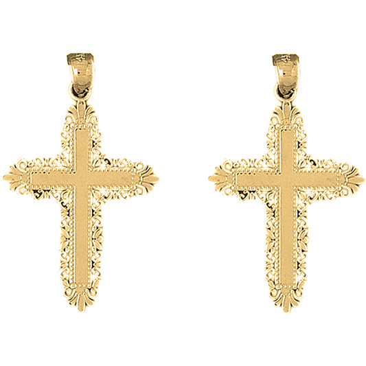 Yellow Gold-plated Silver 37mm Floral Cross Earrings