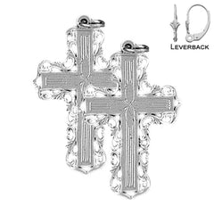Sterling Silver 34mm Vine Cross Earrings (White or Yellow Gold Plated)