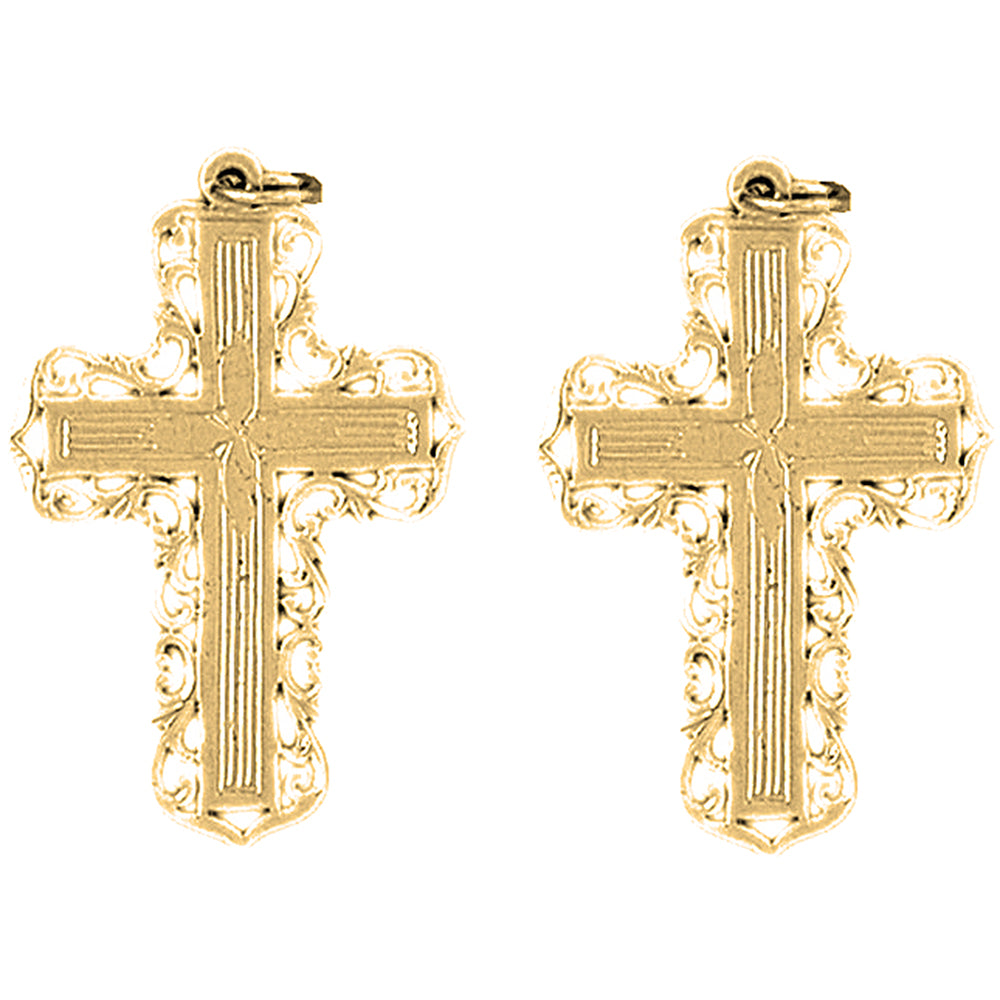 Yellow Gold-plated Silver 34mm Vine Cross Earrings