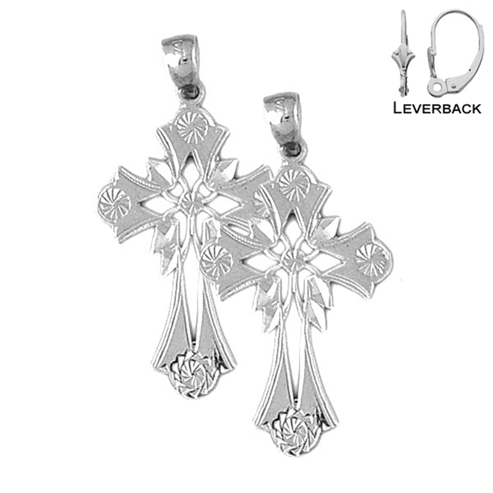 Pendientes de cruz floral de plata de ley de 37 mm (chapados en oro blanco o amarillo)